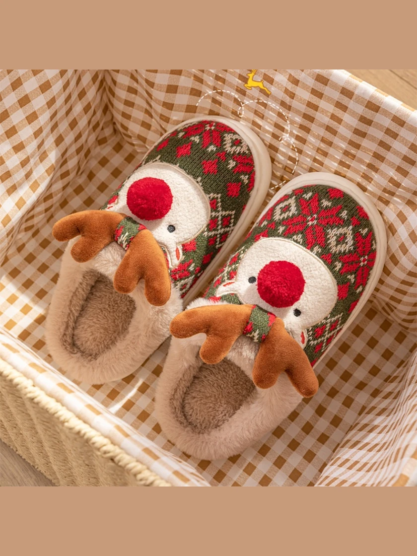 Green Christmas Elk Slippers